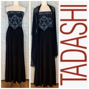 Tadashi Black Strapless with Blue Floral Formal Evening Dress.